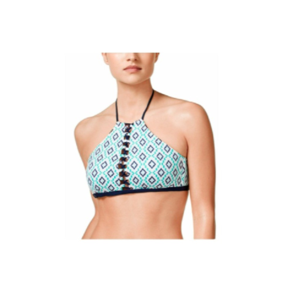 Bar III High Neck Lace-Up Swimsuit Bikini Top Diamond Jade Medium NEW